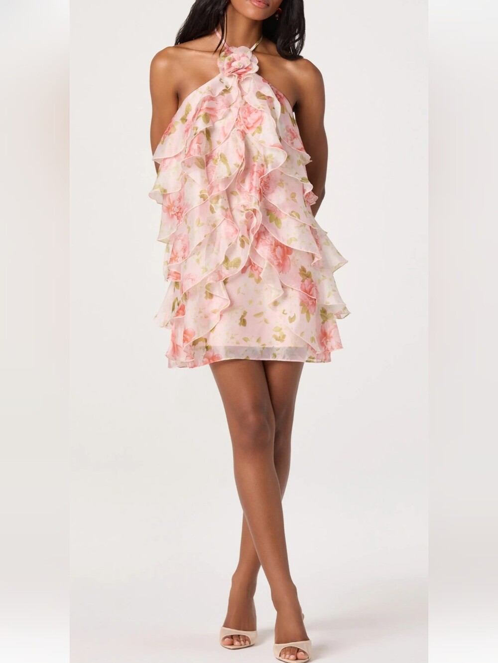 ASTR The Label Ofra Halter Mini Dress Ruffle Tiered Floral Print! Size M